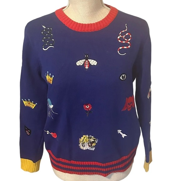 Designer All Over Embroidered Patch Style Fashion Sweater Small/Medium - Picture 2 of 16